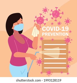 woman covid 19 prevention mask and disinfectant spray