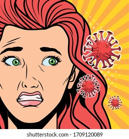 woman with covid19 particles pop art style vector illustration design