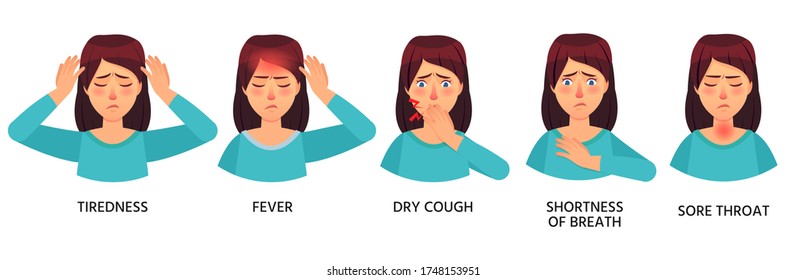 Frauen mit Covid-19 Symptomen trocknen Husten und Halsschmerzen. Illustrationsinfektionsfieber, medizinisch respiratorische Corona 2019-Ncov-Vektorgrafik