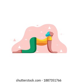 Woman in cow pose, female yoga pose, cat and cow pose flat vector illustration. Mindfulness lifestyle. Yoga at home. Morning stretch for beginners