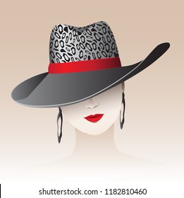 Woman in cowboy hat with animal print and red ribbon. Red lips charm. Ears jewellery. Fashion illustration. Vector.