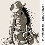 Woman with a cowboy hat. Cowboy girl riding horse with lasso. Hand drawn vector illustration. Illustration.