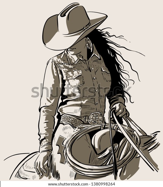 Woman with a cowboy\
hat. Cowboy girl riding horse with lasso. Hand drawn vector\
illustration.\
Illustration.