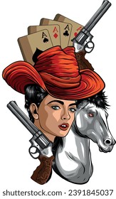 Woman with a cowboy hat. Hand drawn illustration on white background