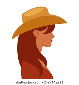 Mujer con sombrero de vaquero. Retrato de la vista lateral de la mujer joven hermosa en sombrero del estilo occidental. Cabello castaño, piel blanca, cara bonita. Persona irreconocible. Ilustración vectorial simple y plana de mujer bonita