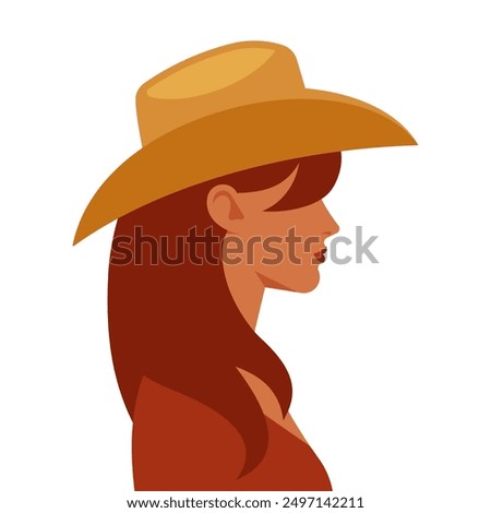 Woman in cowboy hat. Side view portrait of beautiful young woman in western style hat. Brown hair, white skin, nice face. Unrecognizable person. Simple and flat vector illustration of pretty woman