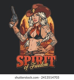 Woman cowboy vintage poster colorful with girl in bikini and hat holding revolver standing near words spirit freedom vector illustration
