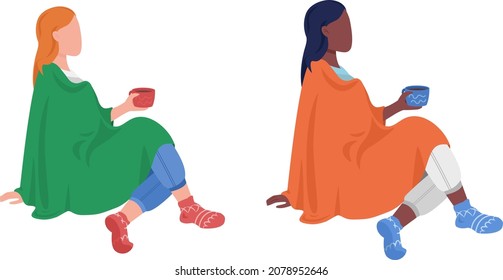 Woman with cozy blanket semi flat color vector character set. Sitting figure. Full body person on white. Winter weather isolated modern cartoon style illustration for graphic design and animation kit