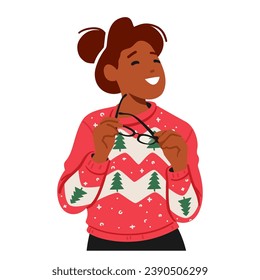 Woman In A Cozy Christmas Sweater Exudes Festive Warmth With Her Joyful Attire. Female Character Spreading Holiday Cheer With Every Knit Stitch And Cheerful Smile. Cartoon People Vector Illustration
