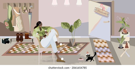 Woman in cozy home. Comfy lifestyle.Flat vector illustration.