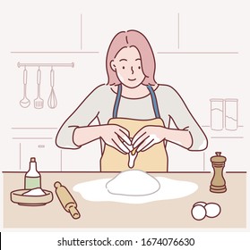 Woman cracking an egg to a flour.  Hand drawn style vector design illustrations.