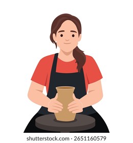 Mulher Artesanato Clay Pot na roda de cerâmica. Ilustração de vetor plano isolada no plano de fundo branco