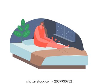 Woman with Cramps in Knees in her Bedroom, Female Character Woke Up in Middle of Night with Strong Pain, Muscle Fatigue, Symptoms of Serious Illness, Pain in Leg. Cartoon People Vector Illustration