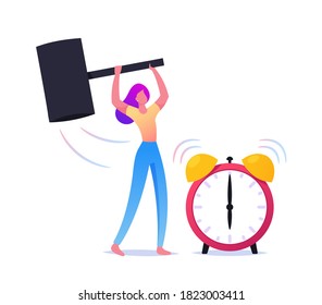 Woman Crash Alarm Clock with Hammer Isolated on White Background. Waking Up Morning Anger, Character in Bad Mood after Getting Up. Sleepy Girl Hate Waking Up, Deadline. Cartoon Vector Illustration