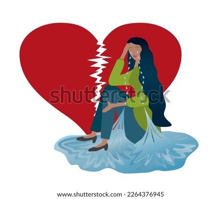 Woman craying, tears making a puddle of water. Broken heart in background. Isolated on white. Vector illustration.
