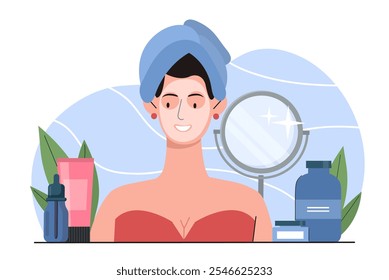 Mulher com máscara de cara de creme. Menina com cosméticos perto do espelho. Procedimentos de SPA de beleza e rotina. Limpeza e higiene. Ilustração de vetor plano isolada no plano de fundo branco