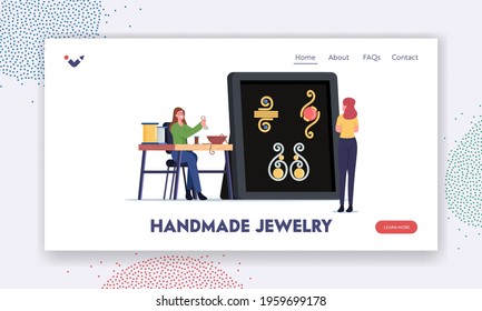 Woman Create Bijouterie Landing Page Template. Female Character Making Jewelry of Copper Wire String and Colorful Beads on Thread. Creative Craft, Handmade Hobby Concept. Cartoon Vector Illustration