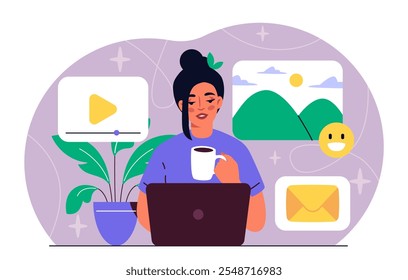 Mujer crea contenido. Chica joven con taza de bebida caliente crea contenido interesante para las redes sociales. Especialista en SMM en el lugar de trabajo. Ilustración vectorial plana aislada sobre fondo blanco