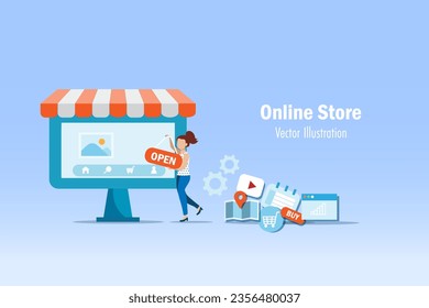 Woman create online shop on smartphone screen. Web designer, online store application, online shopping and e commerce concept.