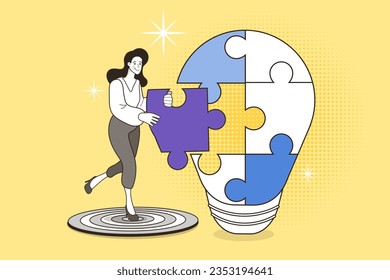 Woman creates ideas with light bulb and jigsaws. Joining forces. creative teamwork. big idea business inspiration problem solution concept. innovation outline vector illustration.