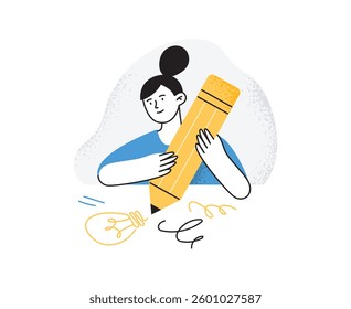 A woman creates new ideas. Creativity, innovation, and brainstorming concept. A vector illustration on a white background.