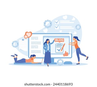 Woman creates web page. Make videos of daily activities. Blog concept. Flat vector illustration.