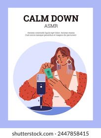 Woman creating ASMR content, vector illustration with microphone and soothing colors for themes of sound therapy and relaxation.