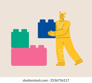 Mulher criando tijolos conector de construção. Debate, desenvolvimento, solução. Ilustração vetorial colorida

