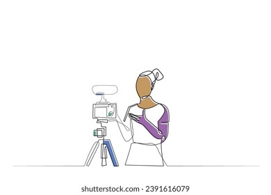 woman creating content.acting in front of the camera.product presentation.reporting events .continuous line vector.isolated white background