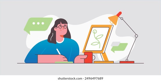 Woman creating graphic design. Freelance designer at work. Cartoon banner. Female flat character design. Vector illustation