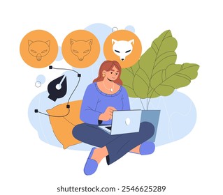 Woman creating logo. Girl with laptop creating logotype for company or organization. Marketing and graphic designer, freelancer in workplace. Flat vector illustration isolated on white background