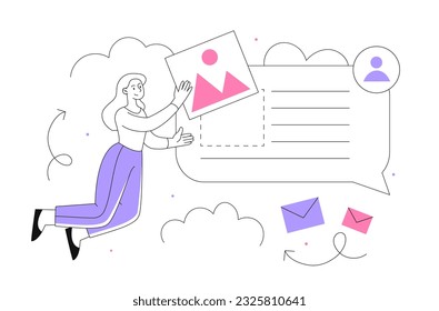 Woman creating message line concept. Woman sends image. Cloud service and storage. Business correspondence and communication. Uploading files to server. Linear flat vector illustration