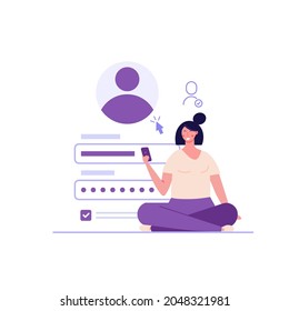 Woman creating new account with login and secure password. Registration user interface. Users register online. Concept of online registration, sign in, sign up. Vector illustration in flat for app, UI svg