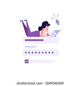 Mujer creando nueva cuenta con acceso y contraseña segura. Interfaz de usuario de registro. Registro de usuarios en línea. Concepto de registro en línea, inicio de sesión, registro. Ilustración vectorial en plano para aplicación, interfaz de usuario