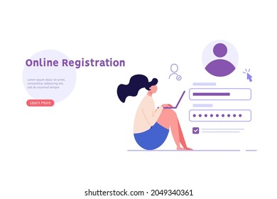 Woman creating new account with login and secure password. Registration user interface. Users register online. Concept of online registration, sign in, sign up. Vector illustration in flat for app, UI