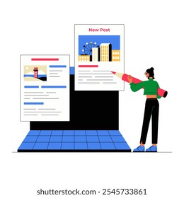 Mujer Creando Un Nuevo Post De Blog Con Ventanas Flotantes En Ilustración vectorial Plana Que Simboliza La Creación De Contenido, Blogueo Y Redes Sociales, Aislado Sobre Fondo Blanco