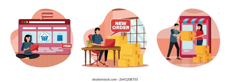 A woman is creating an online store using a laptop, showcasing items and options. Smiling woman managing Online Orders at Work Desk. A male courier is delivering an order box to a female customer.