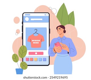 Woman creating tshirt design. Young girl near smartphone screen create apparel and garment design. Fashion, trend and style. Flat vector illustration isolated on white background