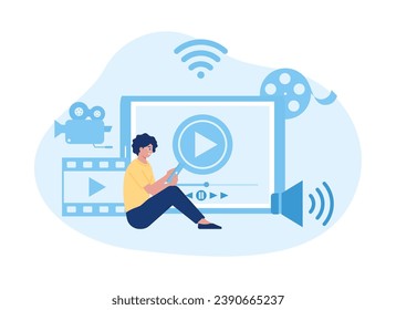a woman is creating video content using a tablet trending concept flat illustration