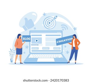  Woman Creating Web Page, Pasting Banner on Site, Planning Page Display. flat vector modern illustration 