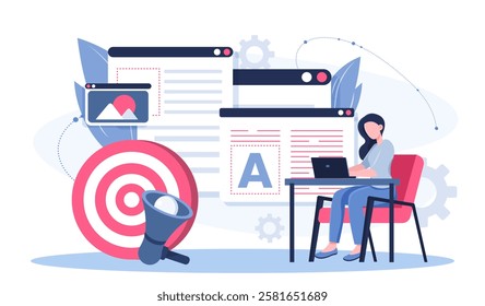 Woman creating website. Young girl with laptop fills web page with content. Webpage creating and developing. SEO and SMM specialist at workplace. Flat vector illustration
