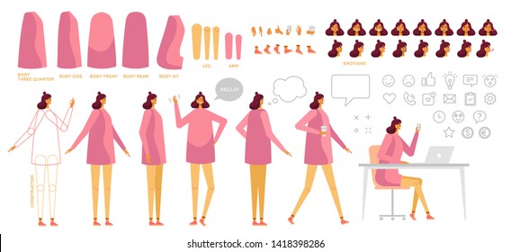 Woman creation kit. Body constructor. Collection of body parts for animation. Front, side, rear, three quarter.  Facial expression. Set of emotion, bubbles and line social icons. Vector, isolated