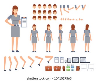 Woman creation kit. Create your own pose, animation. Diverse poses, gestures, emotions, design elements. Flat style vector illustration