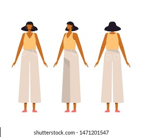 Woman creation kit. Set of body positions for animation. Front, side, rear. Different female character poses for animation. Vector trendy illustration, flat style. White background, isolated. 