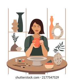 Woman creative hobby at pottery workshop. Ceramic workshop, handmade ceramic tableware. Vector illustration.