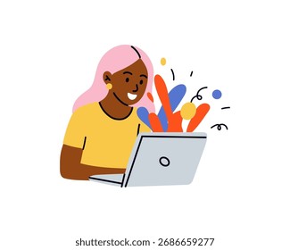 Woman creative work. Designer using laptop, inspiration and motivation in project. New idea and online brainstorming. Programmer or freelancer. Student education. Vector cartoon isolated illustration
