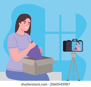 woman creator of content, opening box