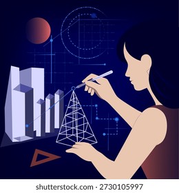 Woman – Creator of the Future. Concept of creation, future architecture, strategic thinking, and women's leadership in technology and design.