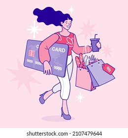 Woman with credit card. Ecommerce concept. Online shopping. Online delivery service concept. Fast delivery via mobile phone. Fresh Groceries Food. payment channel. Vector outline illustration.