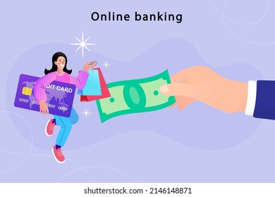 Woman with credit card. Hand send money to happy woman. People sending and receiving banknotes. Modern business can be transfer money online to anywhere. payment channel. vector illustration.